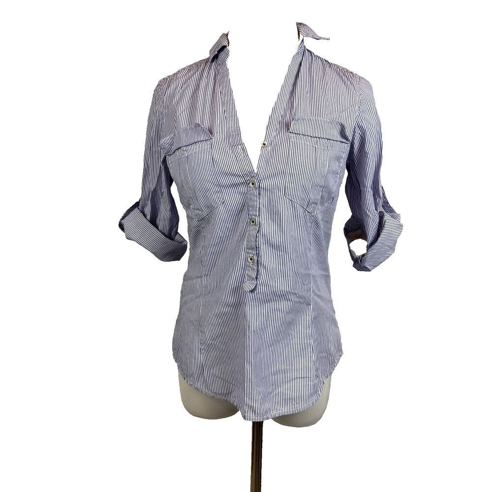 Zara Basic women's blue white stripe roll cuff blouse 1/2 button size xs